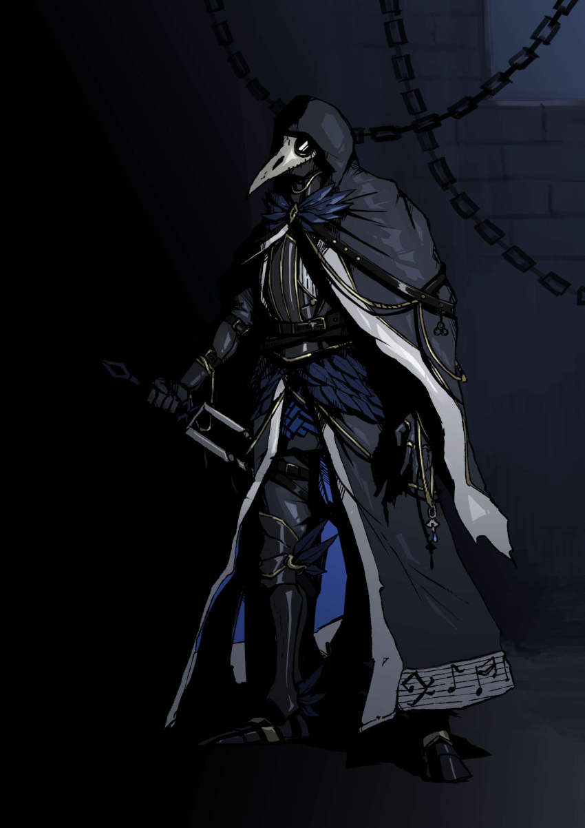 animal_skull, armor, bird_skull, breastplate, brick_wall, chain, cloak, feathers