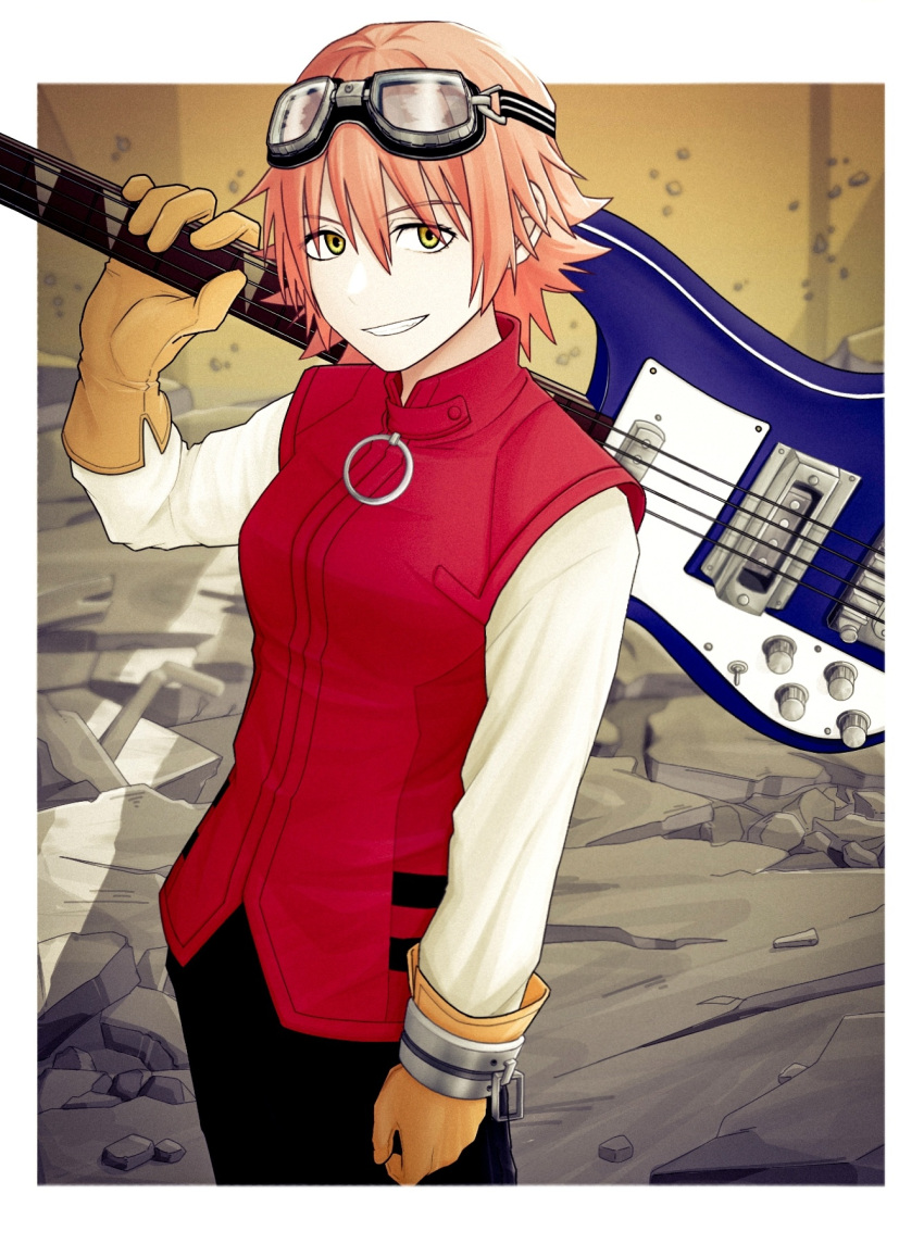 1girl, bass_guitar, border, breasts, commentary, flcl, gloves, goggles, goggles_on_head, haruhara_haruko, highres, instrument, kameno_makura, medium_breasts, orange_gloves, outside_border, pink_hair, red_vest, ruins, short_hair, smile, solo, upper_body, vest, white_border, yellow_eyes