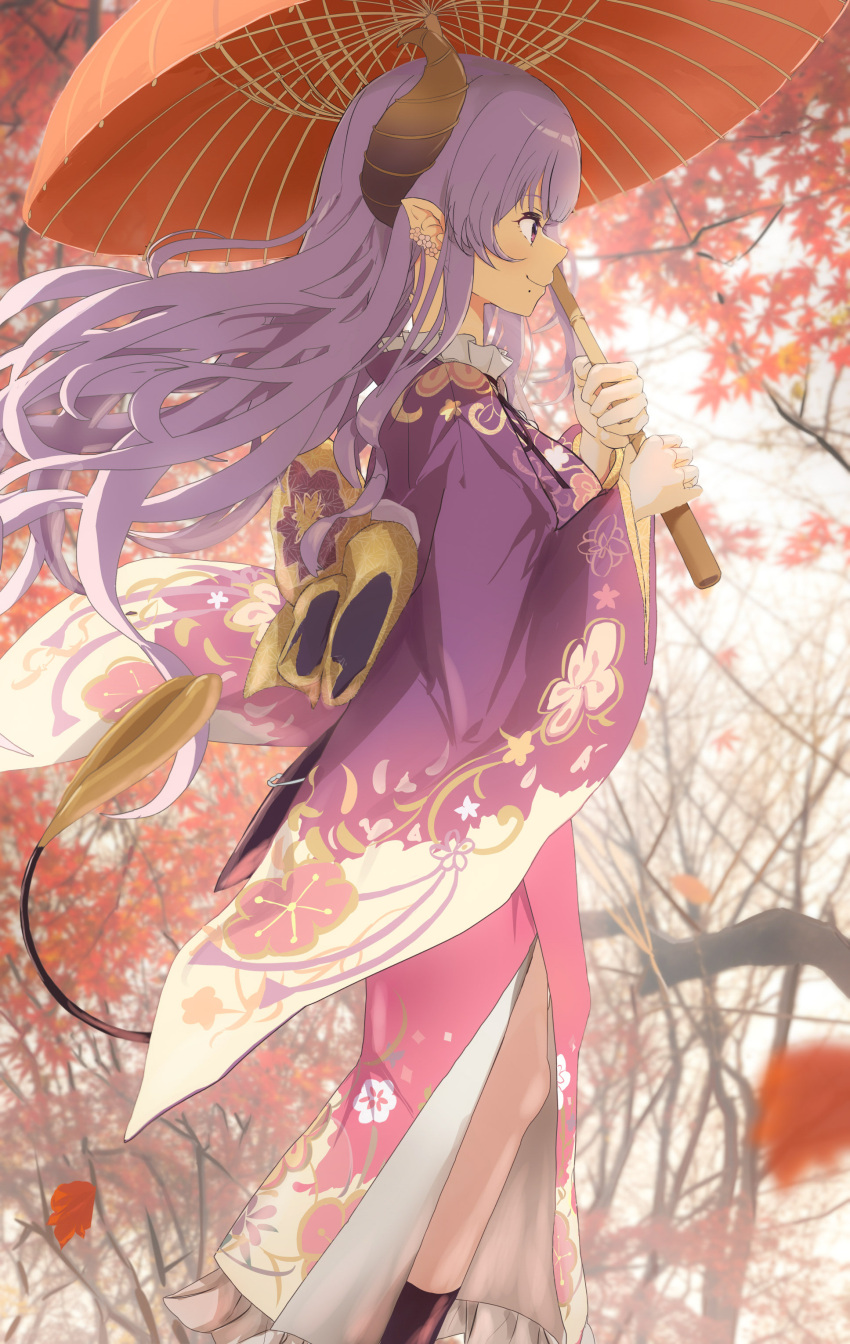 1girl, absurdres, autumn_leaves, botan_(oacdrykafjf3g3d), bow, brown_horns, closed_mouth, commentary_request