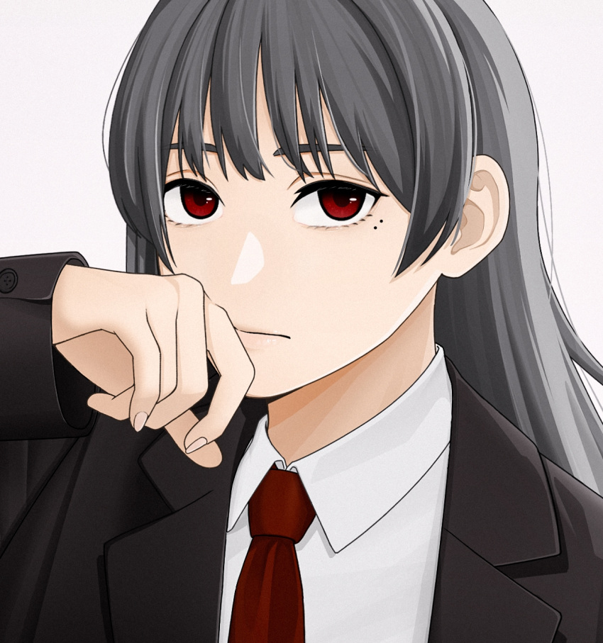 1girl, black_hair, black_jacket, black_suit, commentary_request, expressionless, highres, jacket
