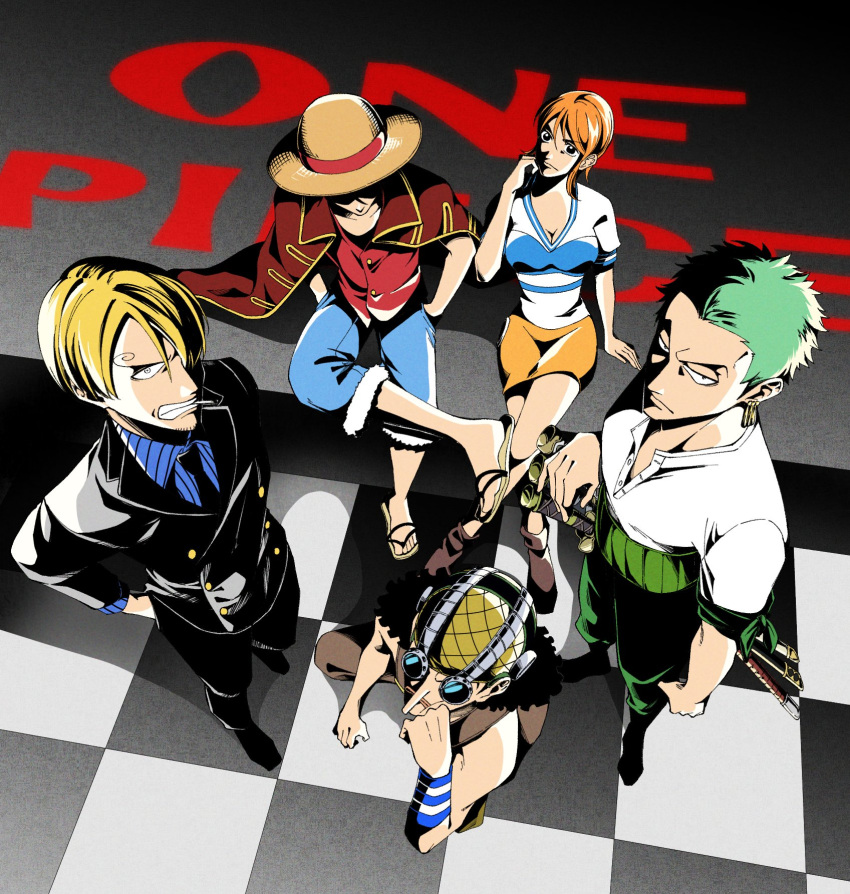 1girl, 4boys, black_necktie, black_suit, blonde_hair, blue_shirt, blue_shorts, coat, coat_on_shoulders, collared_coat, copyright_name, curly_eyebrows, earrings, goggles, green_hair, hands_in_pockets, haramaki, hat, highres, jewelry, kafuyutns, looking_at_viewer, monkey_d._luffy, multiple_boys, nami_(one_piece), necktie, one_piece, orange_hair, orange_skirt, roronoa_zoro, sanji_(one_piece), shirt, short_hair, shorts, sitting, skirt, straw_hat, striped_clothes, striped_shirt, suit, t-shirt, usopp, v-shaped_eyebrows, vertical-striped_clothes, vertical-striped_shirt, white_shirt