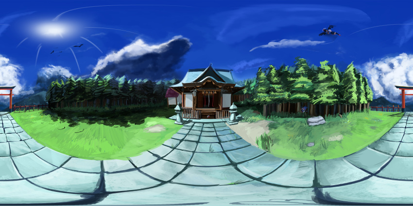 2girls, absurdly_wide_shot, absurdres, bird, black_wings, blue_sky, box, cirno
