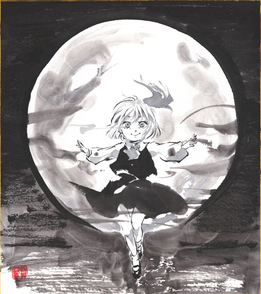 1girl, absurdres, ascot, closed_mouth, collared_shirt, full_body, full_moon, greyscale