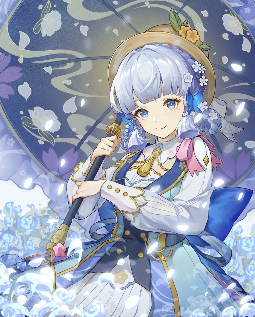 1girl, absurdres, blue_eyes, blue_hair, blunt_tresses, braid, brown_hat, butterfly_hair_ornament, closed_mouth, cowboy_shot, dongxu, flower, genshin_impact, hair_flower, hair_ornament, hat, hat_flower, hat_ornament, highres, holding, holding_umbrella, kamisato_ayaka, kamisato_ayaka_(springbloom_missive), leaf_hat_ornament, light_blue_hair, light_smile, looking_at_viewer, mole, mole_under_eye, neck_tassel, official_alternate_costume, solo, tassel, umbrella