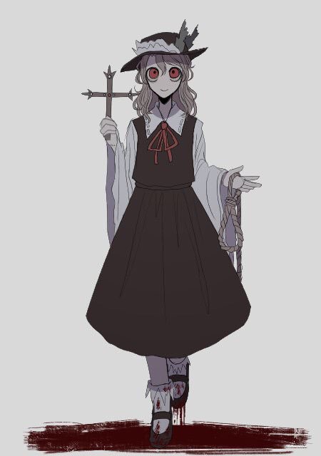 black_dress, black_footwear, black_hat, black_skirt, blonde_hair, blood, blood_on_shoes, cross, dress, hat, hat_ornament, jacket_girl_(dipp), n0een, noose, red_eyes, red_ribbon, ribbon, shirt, skirt, socks, white_shirt, white_socks