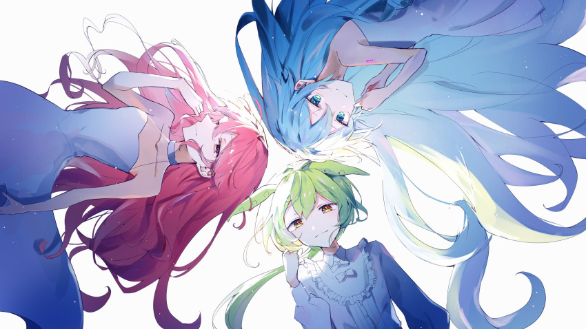 3girls, ahoge, alternate_costume, alternate_hair_length, alternate_hairstyle, animal_ears, anniversary, arm_tattoo