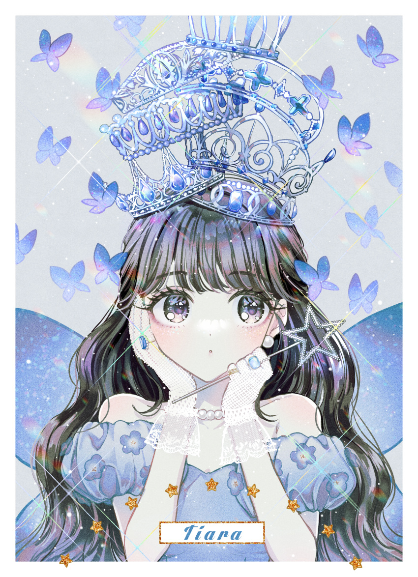 1girl, :o, absurdres, bare_shoulders, black_eyes, black_hair, blue_butterfly, blue_dress