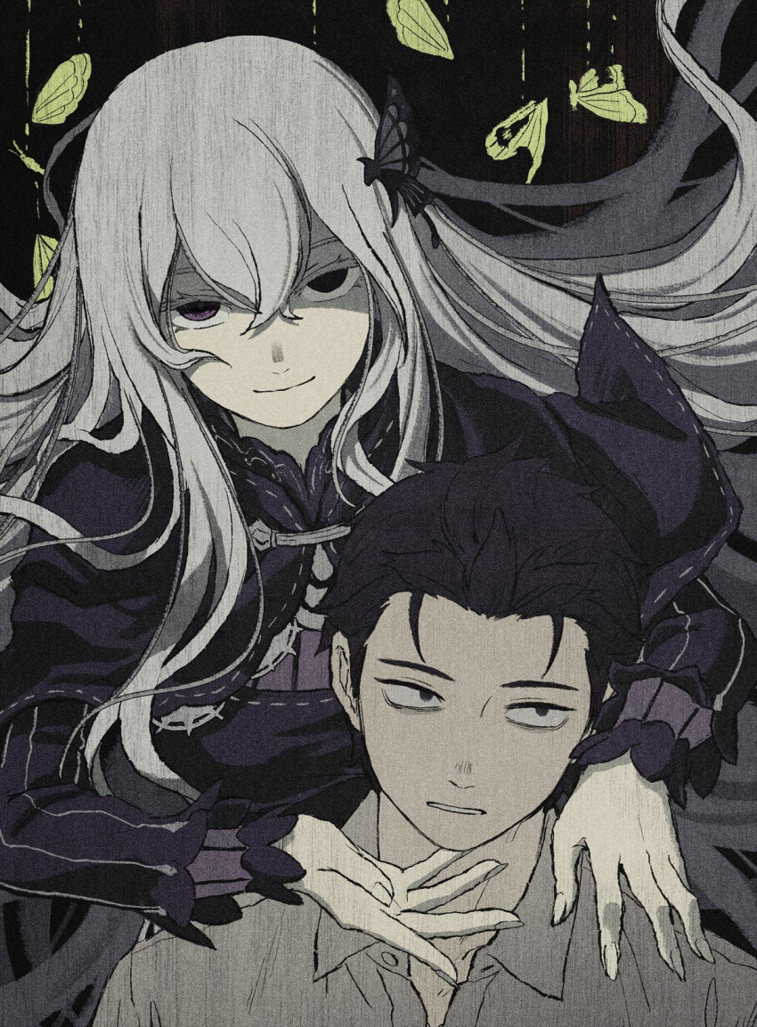 1boy, 1girl, black_eyes, black_hair, bug, butterfly, butterfly_hair_ornament, buttons, closed_mouth, collared_shirt, colored_eyelashes, commentary_request, echidna_(re:zero), eyelashes, floating_hair, grey_hair, grey_shirt, hair_between_eyes, hair_ornament, highres, iwamushi, long_hair, long_sleeves, looking_at_viewer, natsuki_subaru, parted_lips, re:zero_kara_hajimeru_isekai_seikatsu, re:zero_kara_kasaneru_isekai_seikatsu, shirt, short_hair, smile, violet_eyes, white_eyelashes