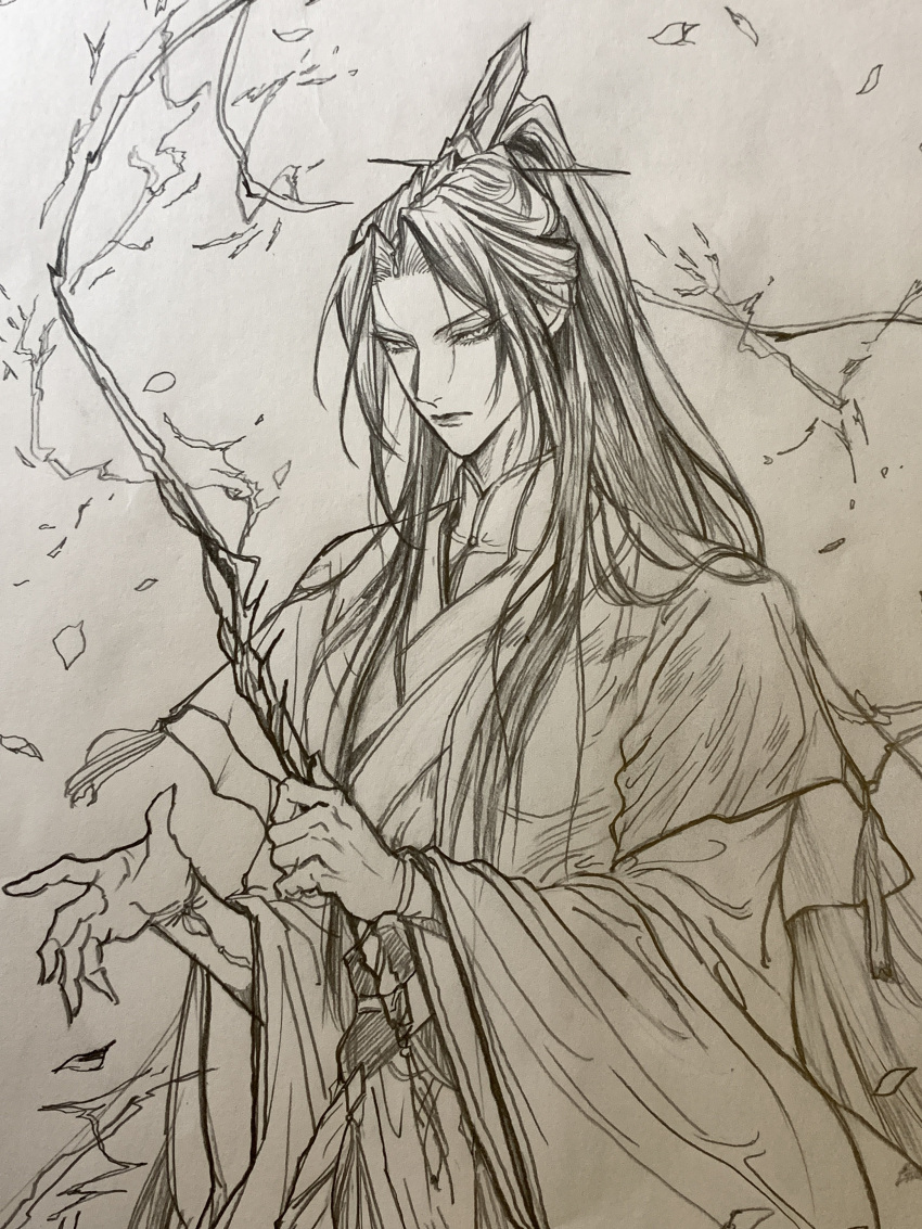 1boy, absurdres, branch, chinese_clothes, chu_wanning, closed_mouth, erha_he_tadebai_mao_shizun, furrowed_brow