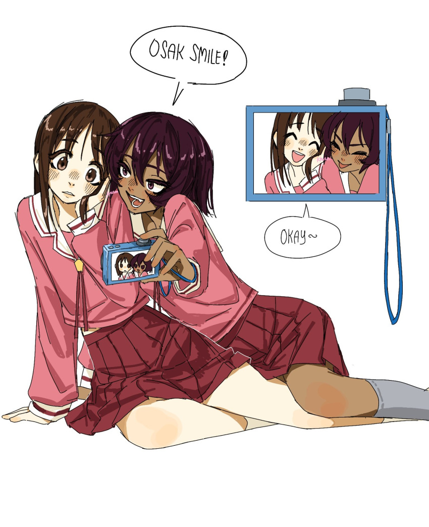2girls, :d, :p, arm_support, artist_name, azumanga_daioh, azumanga_daioh's_school_uniform, blush