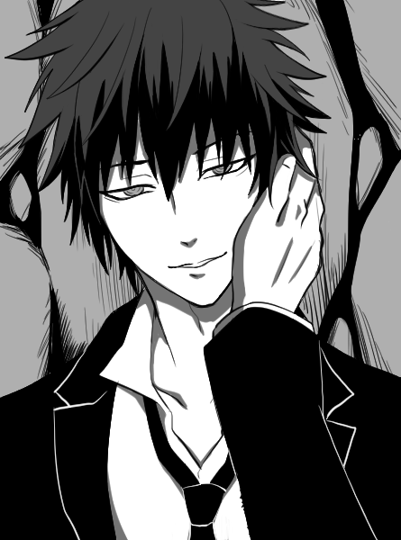 1boy, 1other, black_hair, black_suit, collarbone, collared_shirt, grey_background, greyscale