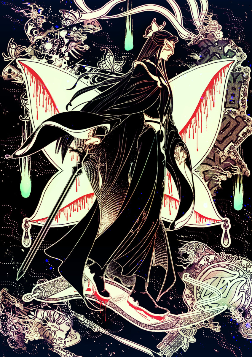 1boy, black_background, black_hanfu, blood, blood_drip, blood_on_shoes, bug, butterfly