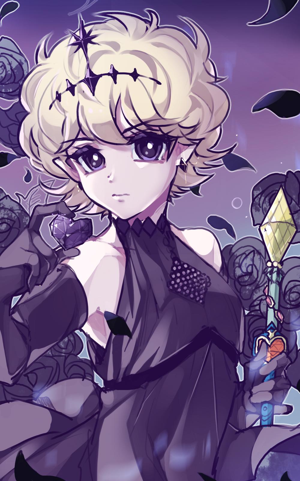 1girl, black_dress, black_petals, blonde_hair, closed_mouth, commentary_request, crown, dress