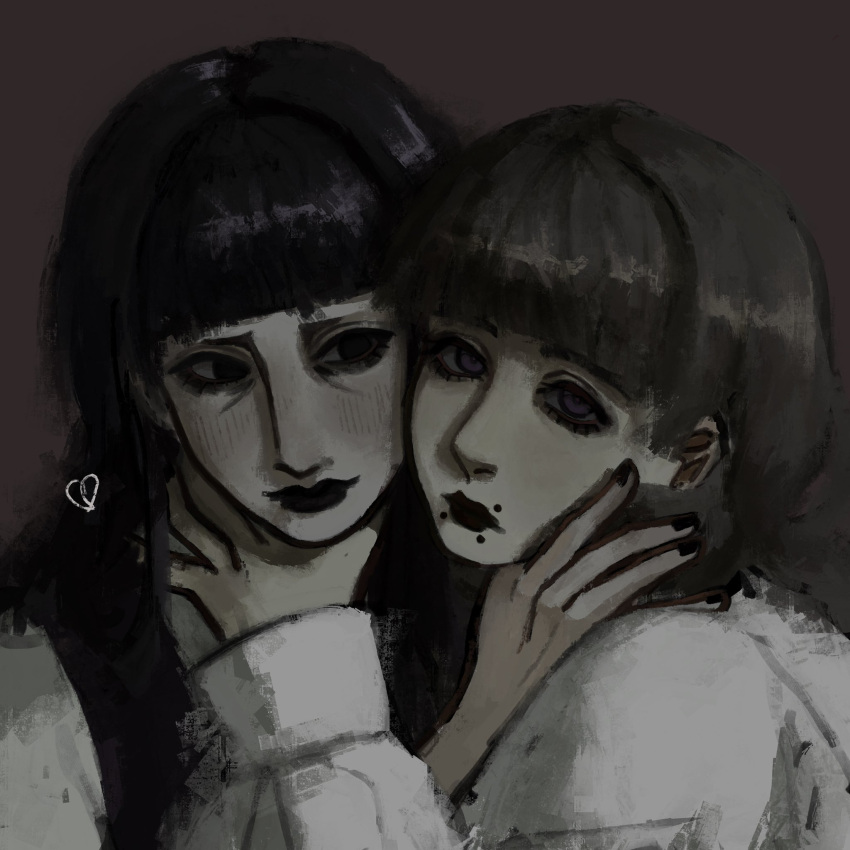 2girls, awwxhf, black_dress, black_hair, black_lips, black_nails, blunt_bangs, blush, brown_background, brown_hair, cheek-to-cheek, commentary_request, dress, fear_&amp;_hunger_(series), fear_&amp;_hunger_2:_termina, hand_on_another's_neck, heads_together, heart, highres, long_sleeves, looking_at_another, looking_at_viewer, marina_(fear_&amp;_hunger), mouth_piercing, multiple_girls, pinafore_dress, portrait, samarie_(fear_&amp;_hunger), shirt, simple_background, sleeveless, sleeveless_dress, white_shirt, yuri
