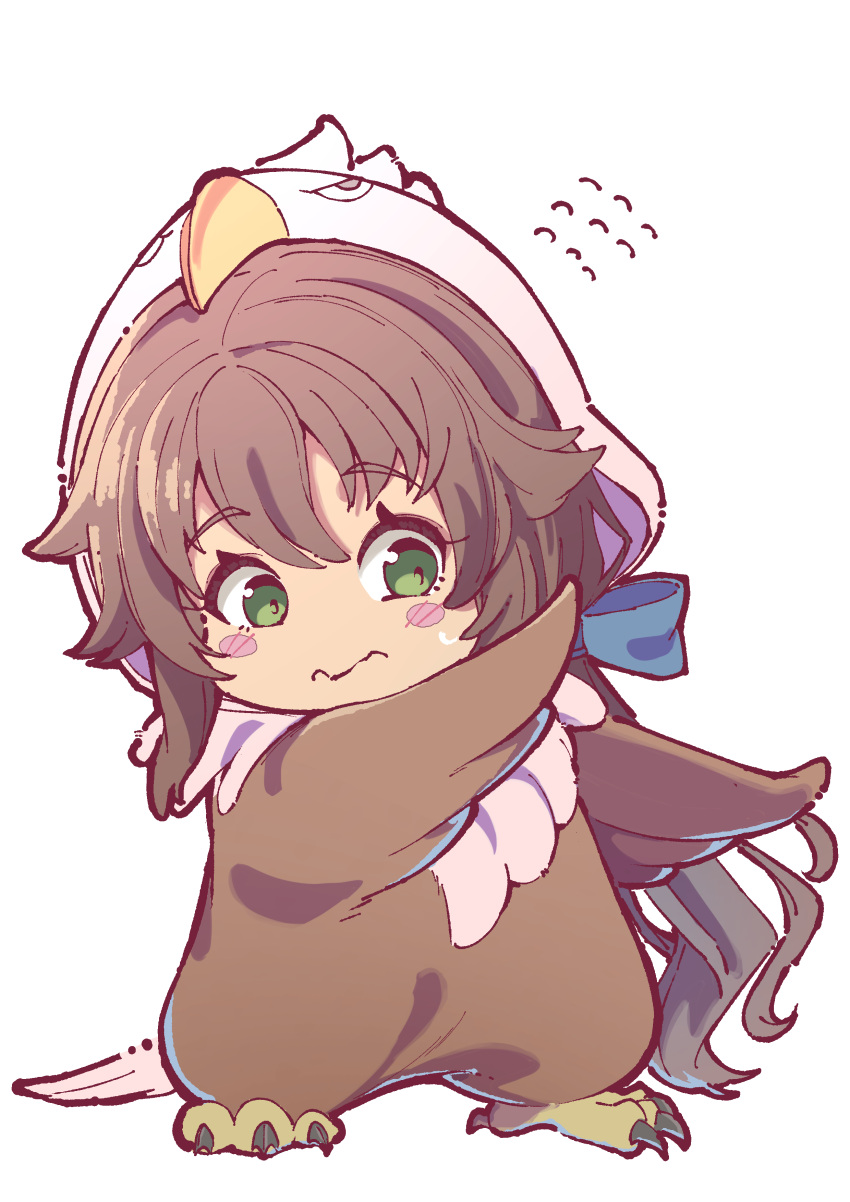 1girl, absurdres, animal_costume, bird, blush, brown_hair, commentary, eiyuu_densetsu, embarrassed, english_commentary, eyelashes, flying_sweatdrops, green_eyes, hair_between_eyes, hawk, hawk_tuah_(meme), highres, medium_hair, meme, naisu_(nai_su01), sen_no_kiseki_(series), sen_no_kiseki_i, simple_background, solo, towa_herschel, wavy_mouth, white_background
