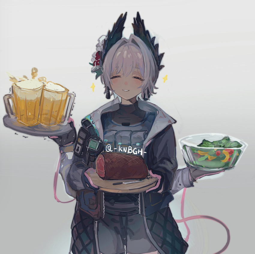 1girl, alcohol, arknights, beer, beer_mug, black_feathers, black_jacket, blush