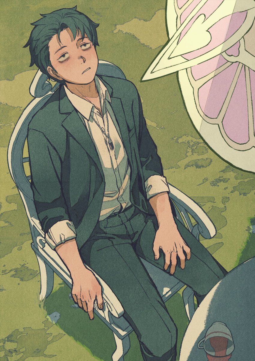 1boy, alternate_universe, bags_under_eyes, buttons, chair, commentary_request, cup, day