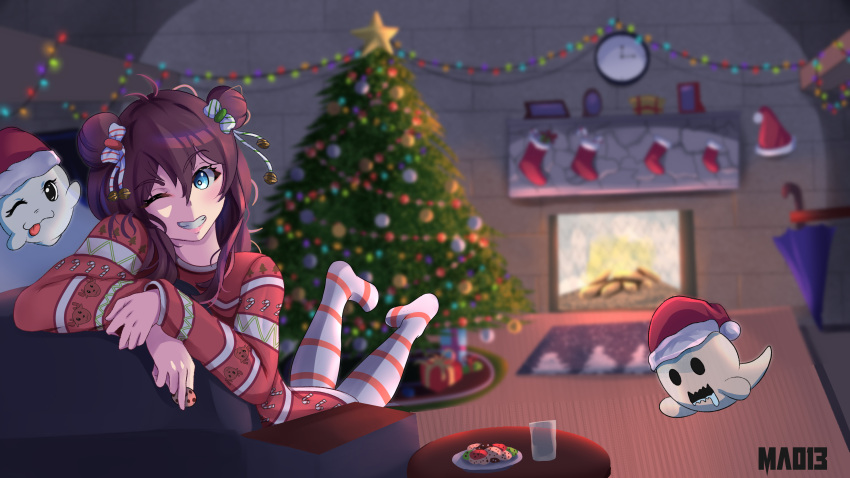 background, background_art, bell, blue_eyes, brown_hair, buns, chimney, christmas