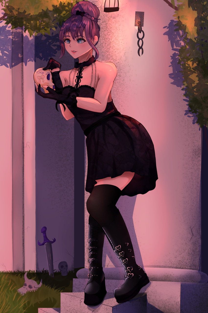 background, background_art, black_boots, black_gloves, black_shirt, black_skirt, blue_eyes, boots, braided_bun, buns, choker, dress, fanart, gothic_lolita, long_boots, long_gloves, long_socks, mao13, necklace_between_breasts, pillar, purple_hair, shuga_sukaru, skull, tree, vtuber, vtuberfanart