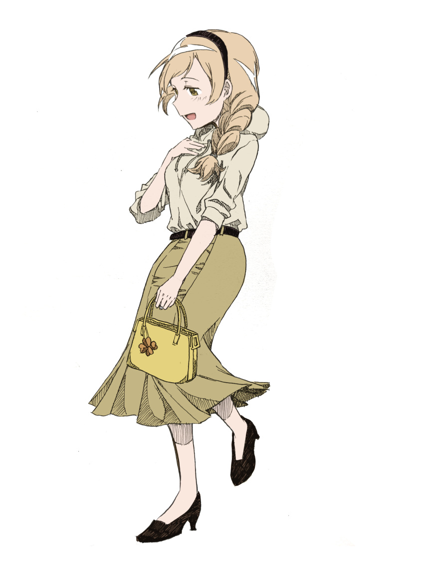 1girl, absurdres, bag, bag_charm, belt, black_belt, black_footwear, black_hairband, blonde_hair, braid, charm_(object), flesh_(xinjinjumin4976622), flower_charm, full_body, hairband, hand_on_own_chest, handbag, happy, high_heels, highres, holding, holding_bag, hood, hood_down, hoodie, leg_up, long_hair, long_skirt, long_sleeves, looking_ahead, mahou_shoujo_madoka_magica, mahou_shoujo_madoka_magica_(anime), official_alternate_costume, open_mouth, pleated_skirt, simple_background, single_braid, skirt, sleeves_past_elbows, smile, solo, standing, tachi-e, tomoe_mami, white_background, white_hoodie, yellow_bag, yellow_eyes, yellow_skirt