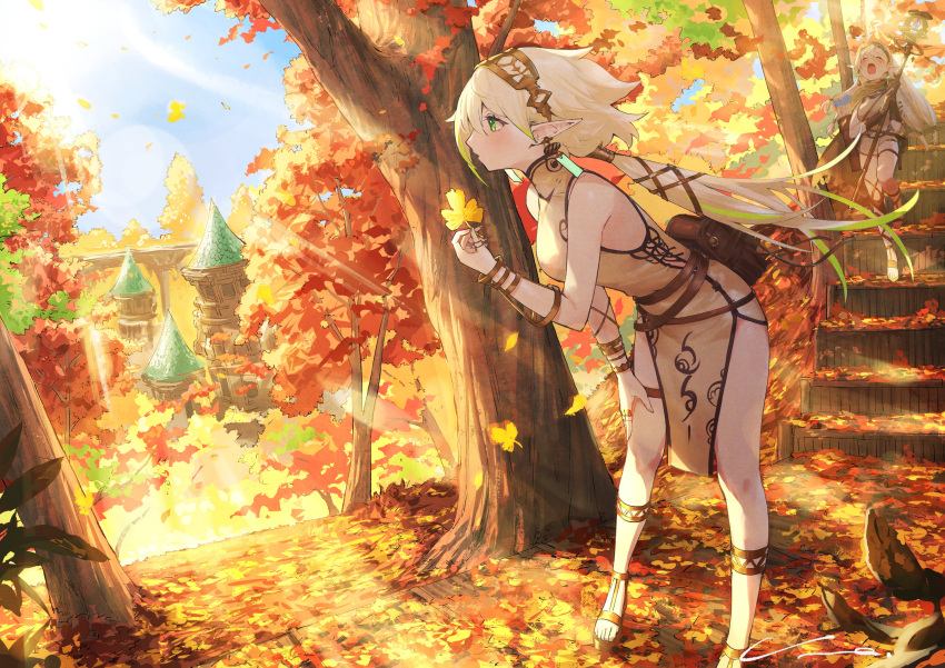 2girls, absurdres, autumn_leaves, belt, blonde_hair, bracelet, brown_belt, calflet, castle, dappled_sunlight, dress, earrings, gradient_hair, green_eyes, hairband, highres, holding, holding_staff, jewelry, leaning_forward, long_hair, low-tied_long_hair, low_ponytail, mandarin_collar, medium_dress, multicolored_hair, multiple_girls, multiple_rings, nemoto_yuuma, original, outdoors, pelvic_curtain, pointy_ears, ring, side_slit, side_tie_dress, sleeveless, sleeveless_dress, solo_focus, staff, stairs, standing, sunlight, thigh_strap, tree, waist_bag, yawning, yellow_dress