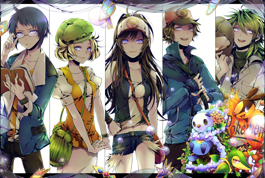 3boys, ahoge, bad_id, badge, baseball_cap, bel_(pokemon), bell_(pokemon), beret, black_hair, blonde_hair, blue_eyes, book, brown_eyes, brown_hair, character_request, cheren_(pokemon), column_lineup, dress, flower, frown, glasses, green_eyes, green_hair, happy, hat, highres, jacket, jewelry, long_hair, multiple_boys, multiple_girls, n_(pokemon), nai_kitsu, necklace, open_mouth, oshawott, pokabu, poke_ball, pokemon, pokemon_(game), pokemon_black_and_white, pokemon_bw, short_hair, shorts, smile, snivy, tepig, touko_(pokemon), touya_(pokemon), tsutaaja, vest, white_(pokemon)
