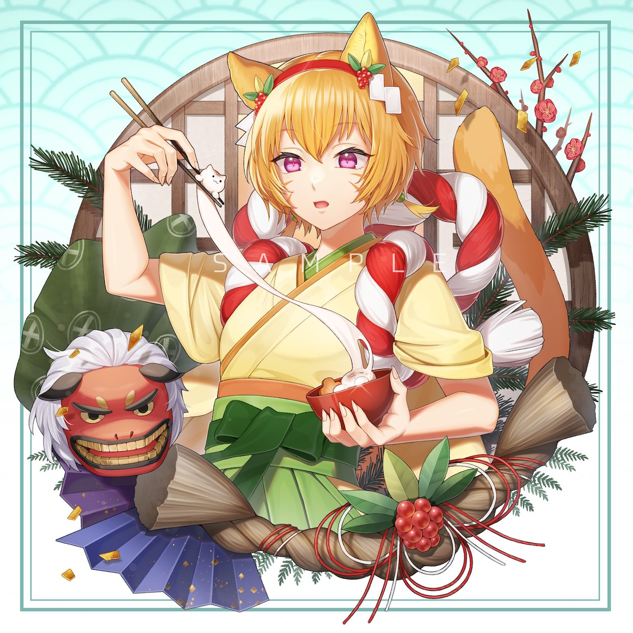 1girl, animal_ears, cat_ears, cat_girl, cat_tail, chopsticks, commission, facial_mark