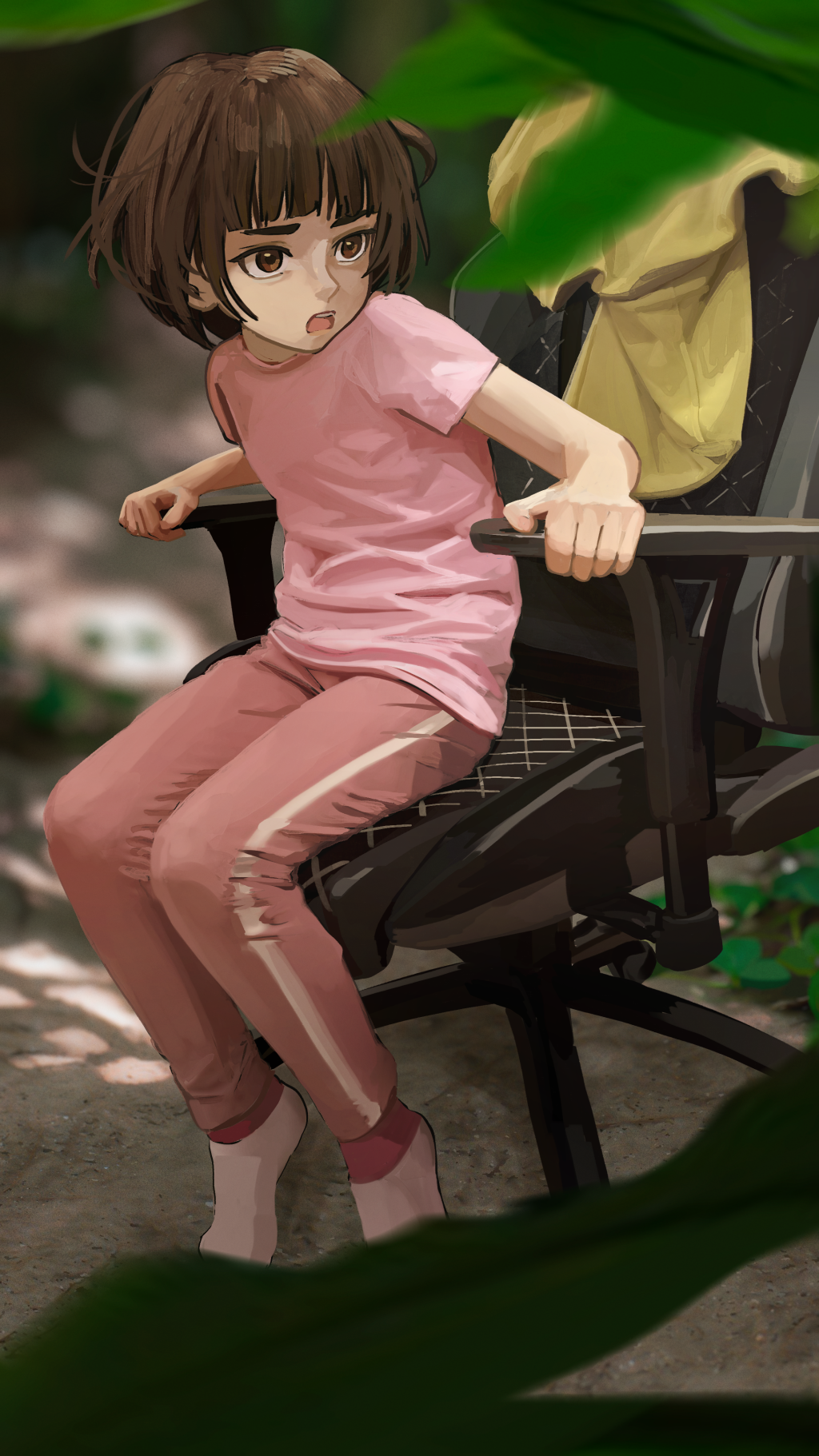 1girl, blunt_bangs, blurry, blurry_background, blurry_foreground, bob_cut, brown_hair, casual