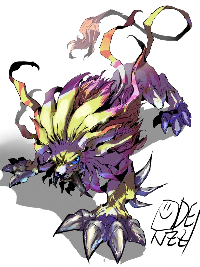 all_fours, artist_logo, artist_name, blue_eyes, digimon, digimon_(creature), fangs, full_body