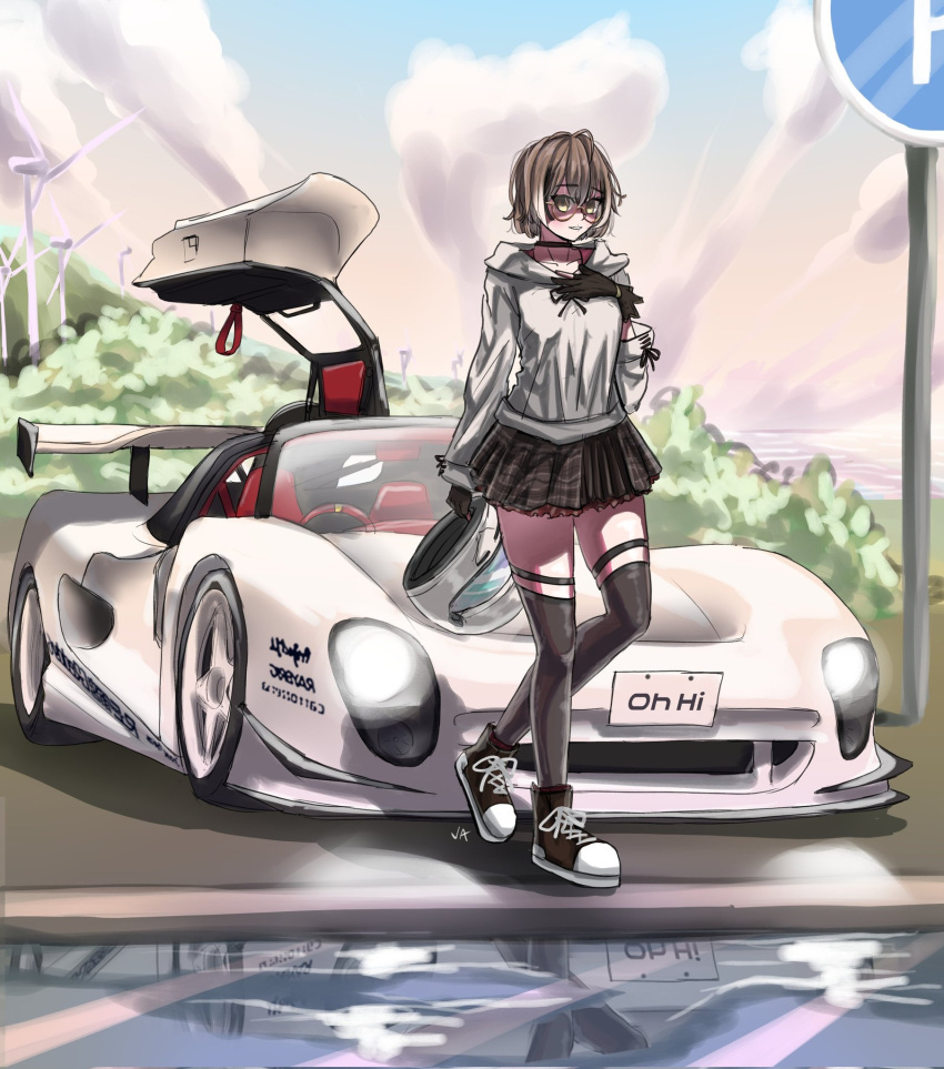 1girl, alternate_costume, autozam_az-1, black_choker, black_footwear, black_gloves, black_thighhighs, breasts