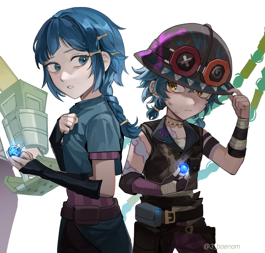 3_baenam, arcane:_league_of_legends, arcane_jinx, bare_shoulders, blue_hair, braid, child, crop_top, fingerless_gloves, gloves, hair_ornament, hairclip, hextech_crystal, highres, isha_(arcane), jinx_(league_of_legends), league_of_legends, long_hair, pants, powder_(arcane), shirt, short_hair, short_sleeves, simple_background, striped_clothes