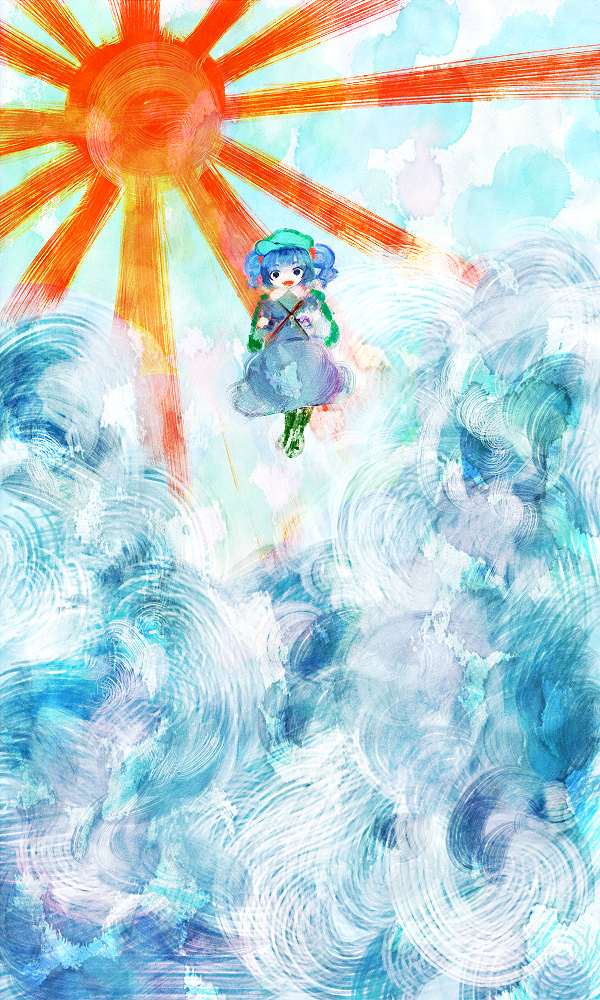 amii, backpack, bag, blue_hair, boots, hair_bobbles, hair_ornament, hat