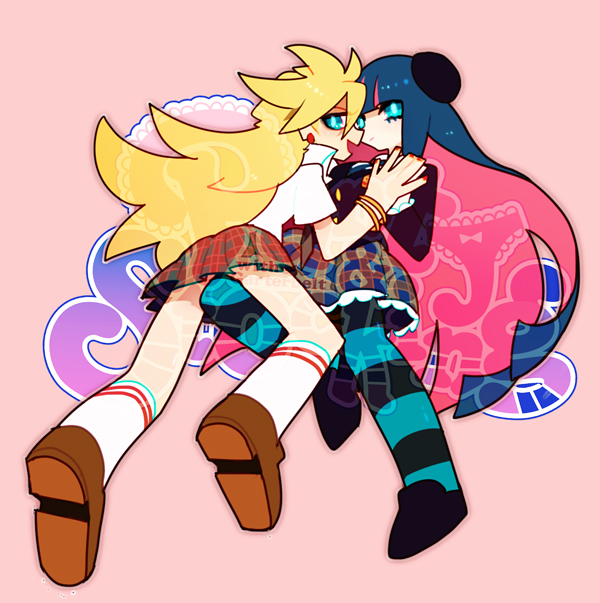 031103, 2girls, blonde_hair, blue_eyes, blue_hair, bracelet, grinding, hat