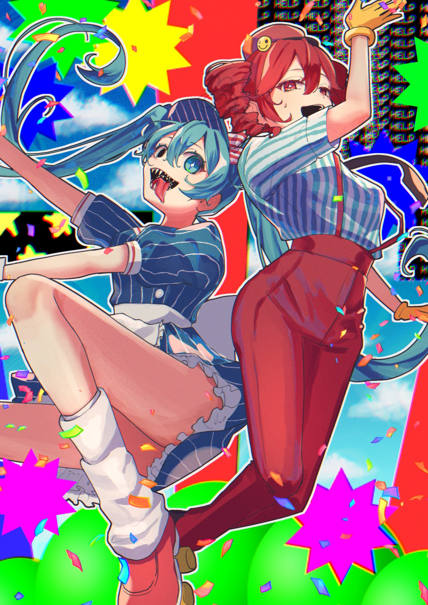 114_usamaro, 2girls, alternate_costume, apron, ass, black_mouth, black_necktie, blue_hair