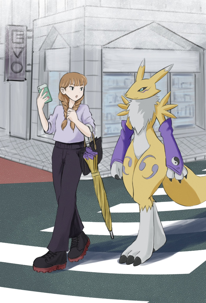 1girl, 2others, black_claws, black_sclera, braid, colored_sclera, crosswalk, digimon