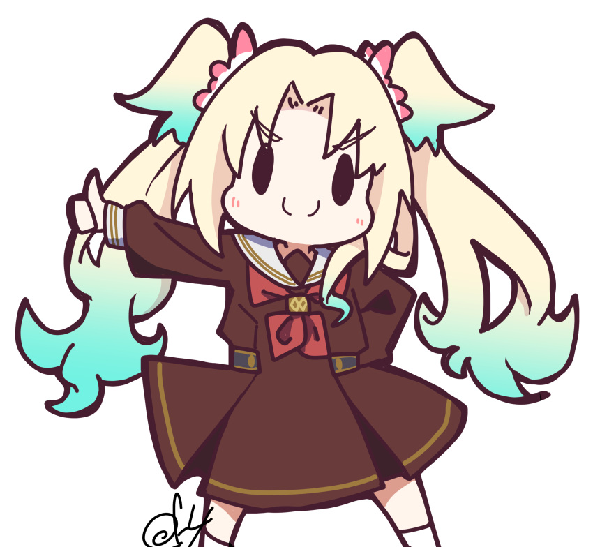 1girl, absurdres, blonde_hair, blue_hair, brown_dress, c:, closed_mouth, deformed