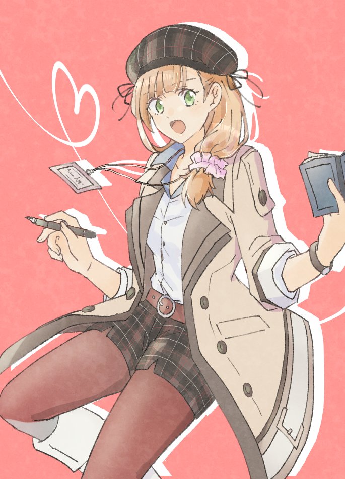 1girl, :d, appleajyuxxxx, belt, book, brown_coat, brown_hair, coat