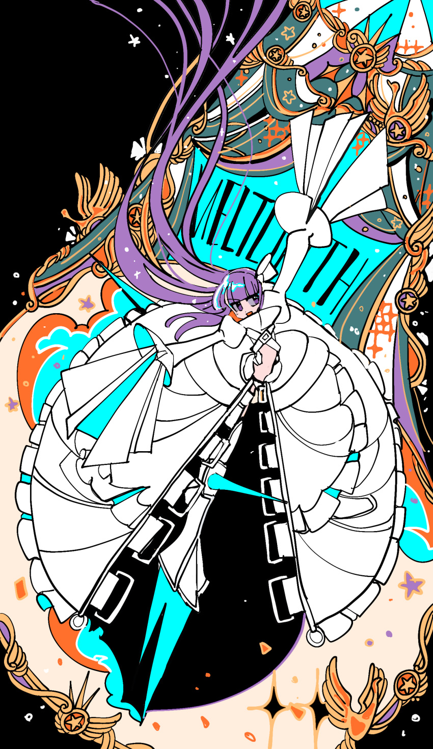 1girl, :d, absurdres, arm_up, blunt_bangs, bow, character_name, coat
