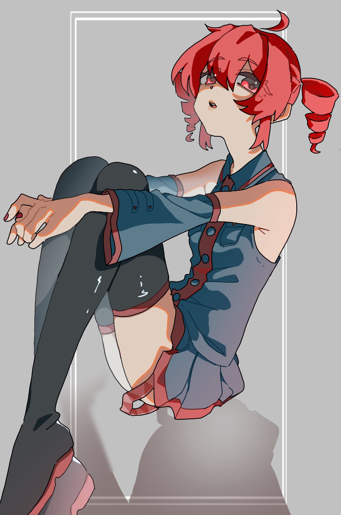 ahoge, bare_shoulders, belt, black_footwear, black_skirt, black_sleeves, black_thighhighs, boots