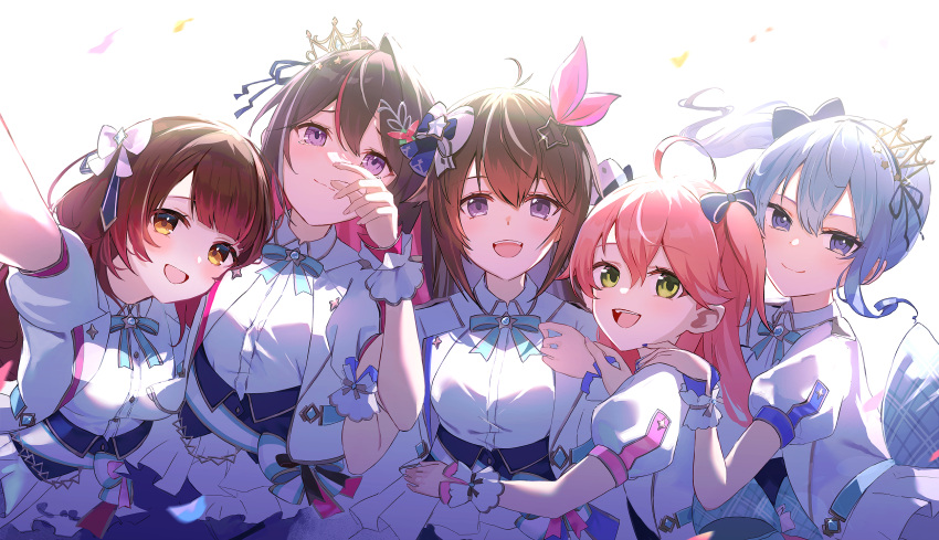 0th_generation_(hololive), 5girls, ahoge, aya02ka, azki_(hololive), blue_eyes, blue_hair, bow