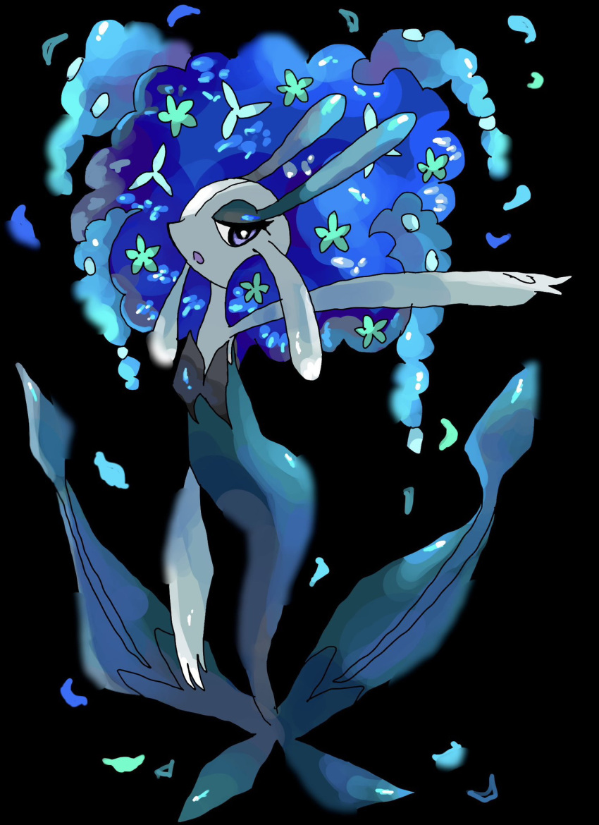 1girl, black_background, blue_eyes, blue_petals, florges, florges_(blue_flower), full_body, half-closed_eyes