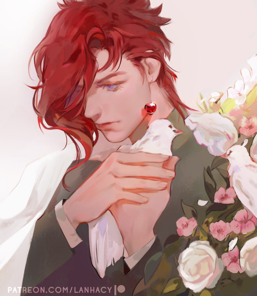 1boy, animal, asymmetrical_bangs, bird, bishounen, bouquet, cherry_earrings, dove