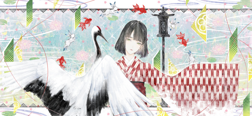 1girl, alternate_costume, animal, bird, black_hair, blue_background, blunt_bangs, blunt_ends
