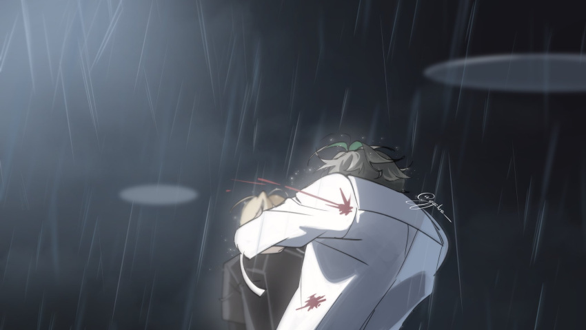 2boys, alhaitham_(genshin_impact), alien_stage, black_shirt, blonde_hair, blood, blood_spray, coat