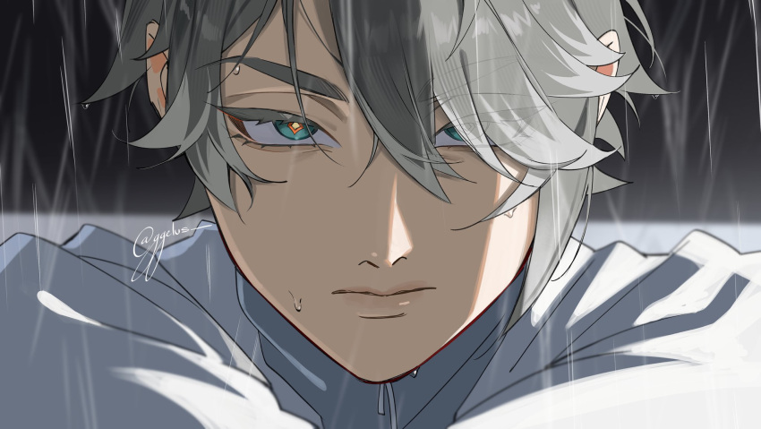 1boy, alhaitham_(genshin_impact), alien_stage, closed_mouth, coat, commentary, cosplay, diamond-shaped_pupils