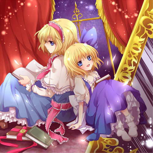 alice_margatroid, alice_margatroid_(pc-98), back-to-back, blonde_hair, blue_eyes, book, capelet, curtains, dress, dual_persona, hairband, lowres, multiple_girls, petticoat, rakkyhappy, time_paradox, touhou, touhou_(pc-98)