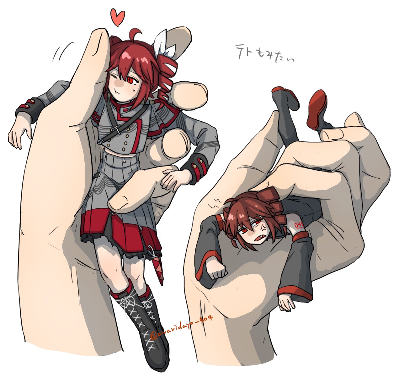 1other, 2girls, ahoge, anger_vein, arm_tattoo, black_footwear, black_shirt, boots, cheek_press, closed_mouth, cross-laced_footwear, detached_sleeves, drill_hair, fang, grey_jacket, grey_skirt, hato_no_mune_wo_momitai, heart, highres, holding_miniperson, jacket, kasane_teto, kasane_teto_(sv), lace-up_boots, long_sleeves, looking_at_viewer, mini_person, minigirl, motion_lines, multiple_girls, one_eye_closed, open_mouth, red_eyes, redhead, shirt, short_hair, skirt, sleeveless, sleeveless_shirt, sweatdrop, synthesizer_v, tattoo, twin_drills, twitter_username, utau