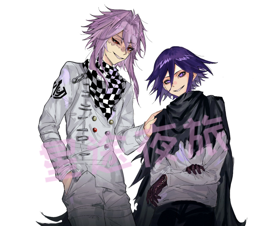 2boys, artist_request, black_cape, black_pants, brown_gloves, cape, checkered_clothes, checkered_scarf