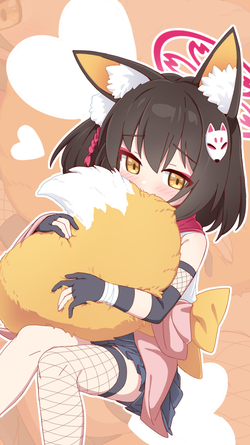 1girl, animal_ears, black_gloves, blue_archive, blue_skirt, blush, bow, brown_hair, fishnet_thighhighs, fishnets, floral_print, fox_ears, fox_girl, fox_tail, gloves, hair_ornament, halo, heart, highres, hugging_own_tail, hugging_tail, izuna_(blue_archive), japanese_clothes, needle_(574187457), one_side_up, partially_fingerless_gloves, pink_halo, red_scarf, sailor_collar, scarf, shirt, short_hair, single_fishnet_legwear, sitting, skirt, solo, tail, thigh-highs, two-tone_tail, white_shirt, white_tail, yellow_bow, yellow_eyes, yellow_tail