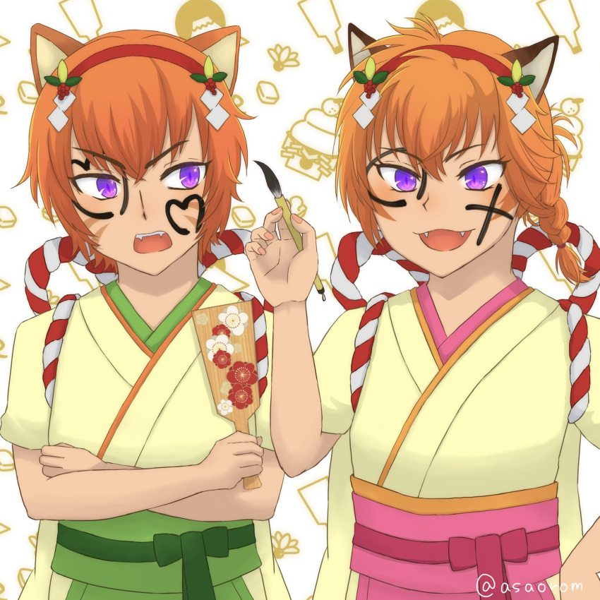 animal_ears, annoyed, asaorom, braid, cat_ears, cat_girl, crossed_arms, facepaint